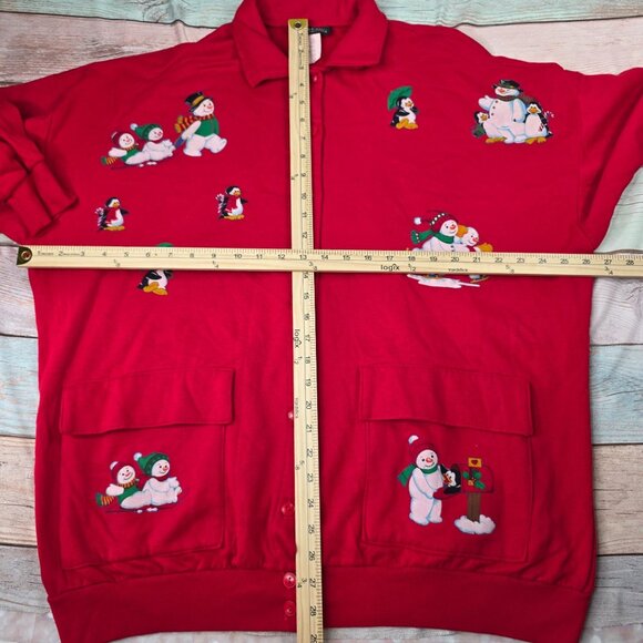 Vintage DiCarlo Red Button-Up Christmas Cardigan W/ Snowman Print - Picture 8 of 10